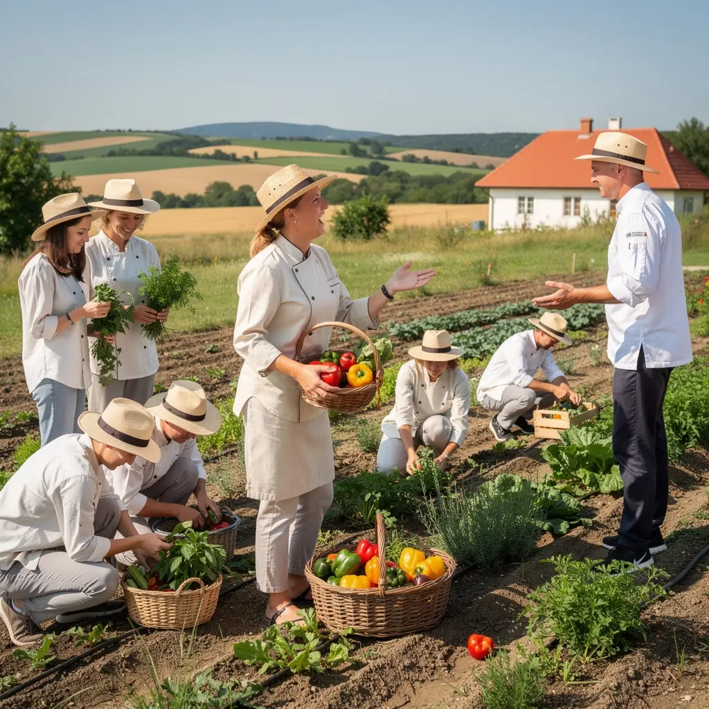 Csoportos főzési gyakorlat, ahol a diákok együtt készítik az ételt.