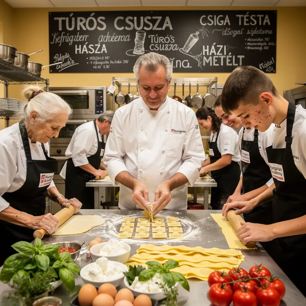 Csoportos főzési gyakorlat, ahol a diákok együtt készítik az ételt.