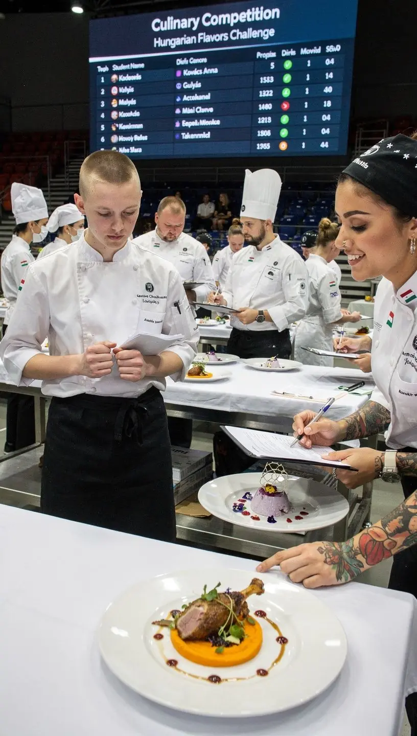 Csoportos főzési gyakorlat, ahol a diákok együtt készítik az ételt.
