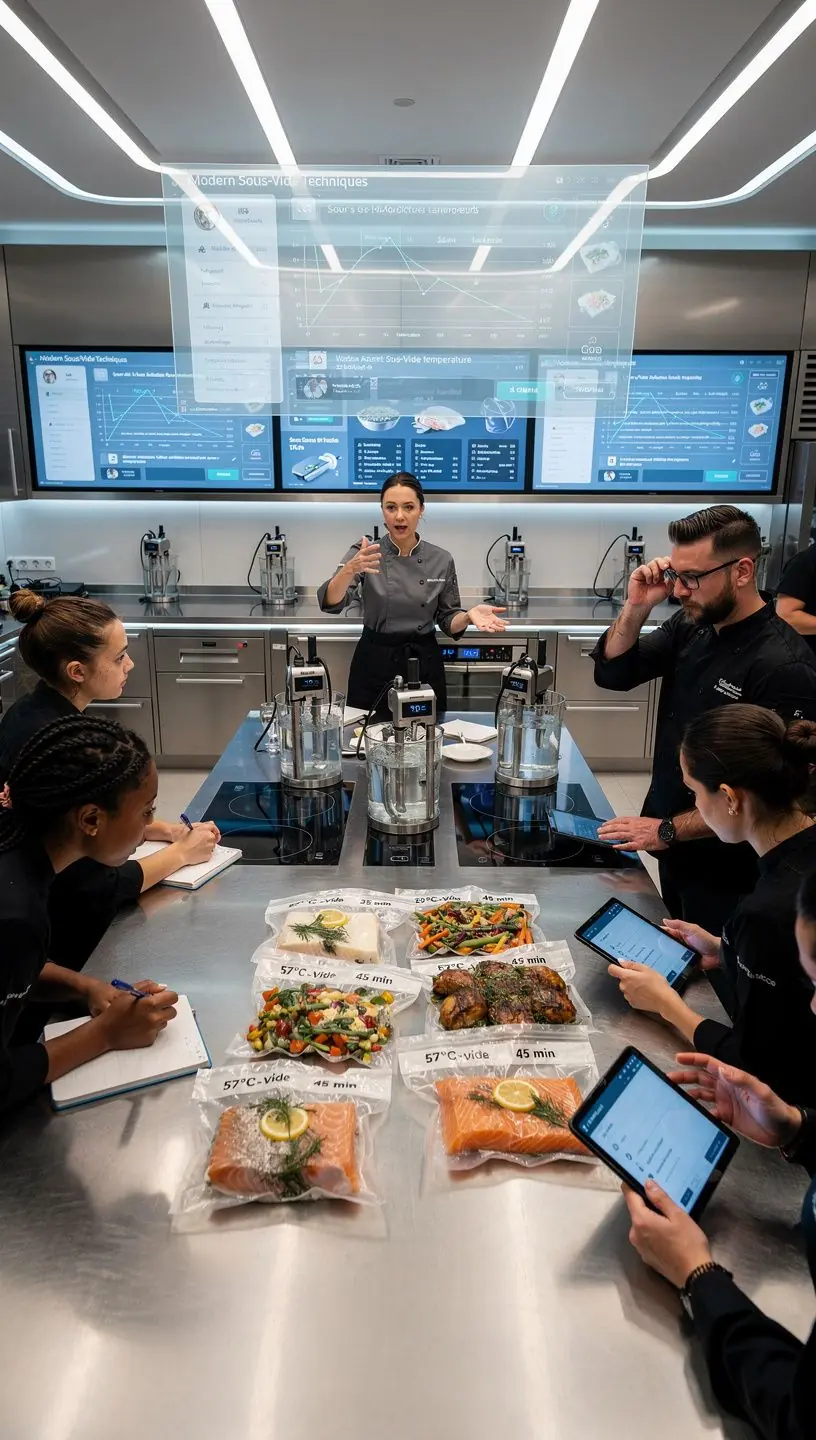 Csoportos főzési gyakorlat, ahol a diákok együtt készítik az ételt.