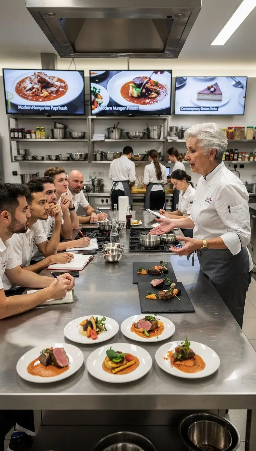 Szakácsok gyakorlati képzésén részt vevő diákok az étkezőben.